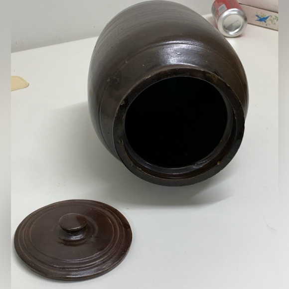 19th Century Antique Dark Brown Albany Slip Lidded Stoneware Crock Jug Pot - Picture 14 of 16